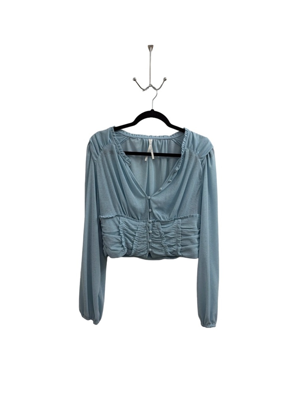 Light Blue Ruched Button-Front Long Sleeve Top